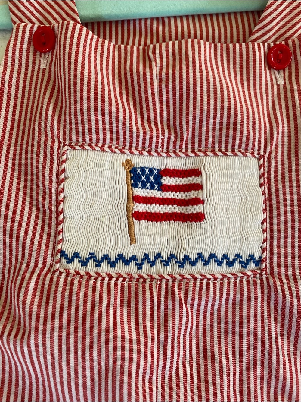 Red Striped Baby Boy Overalls with Smocked Flag Jon Jon - Picture 4 of 5